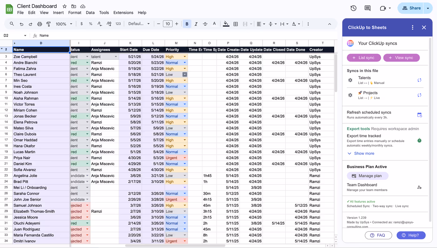 The ClickUp to Sheets sidebar open inside a Google Sheets spreadsheet, listing 2 saved syncs with their refresh mode, buttons to add a List sync or a View sync, and a scheduled refresh that runs every 3 hours